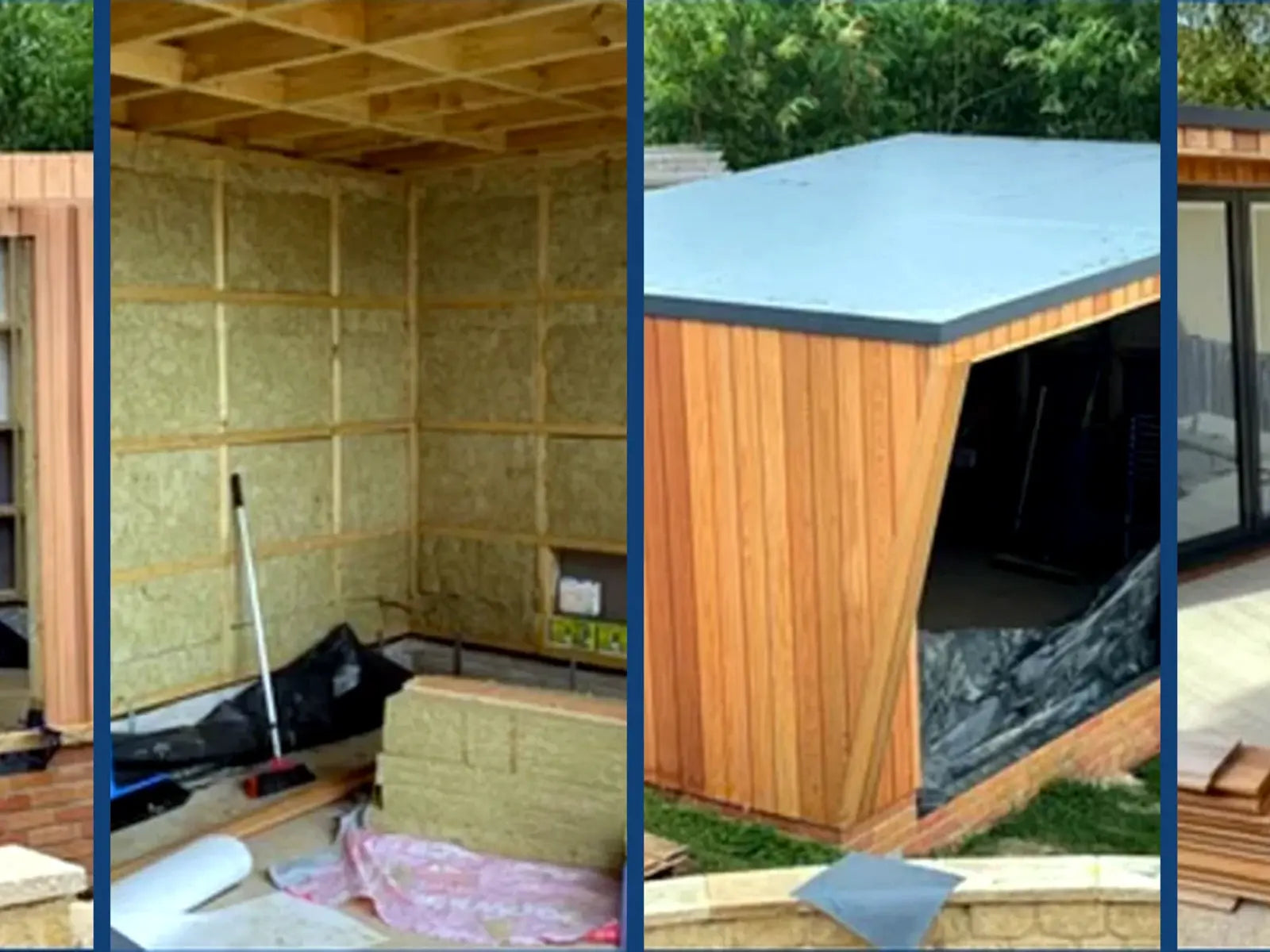 Four stages of a timber garden room build from frame to finished exterior