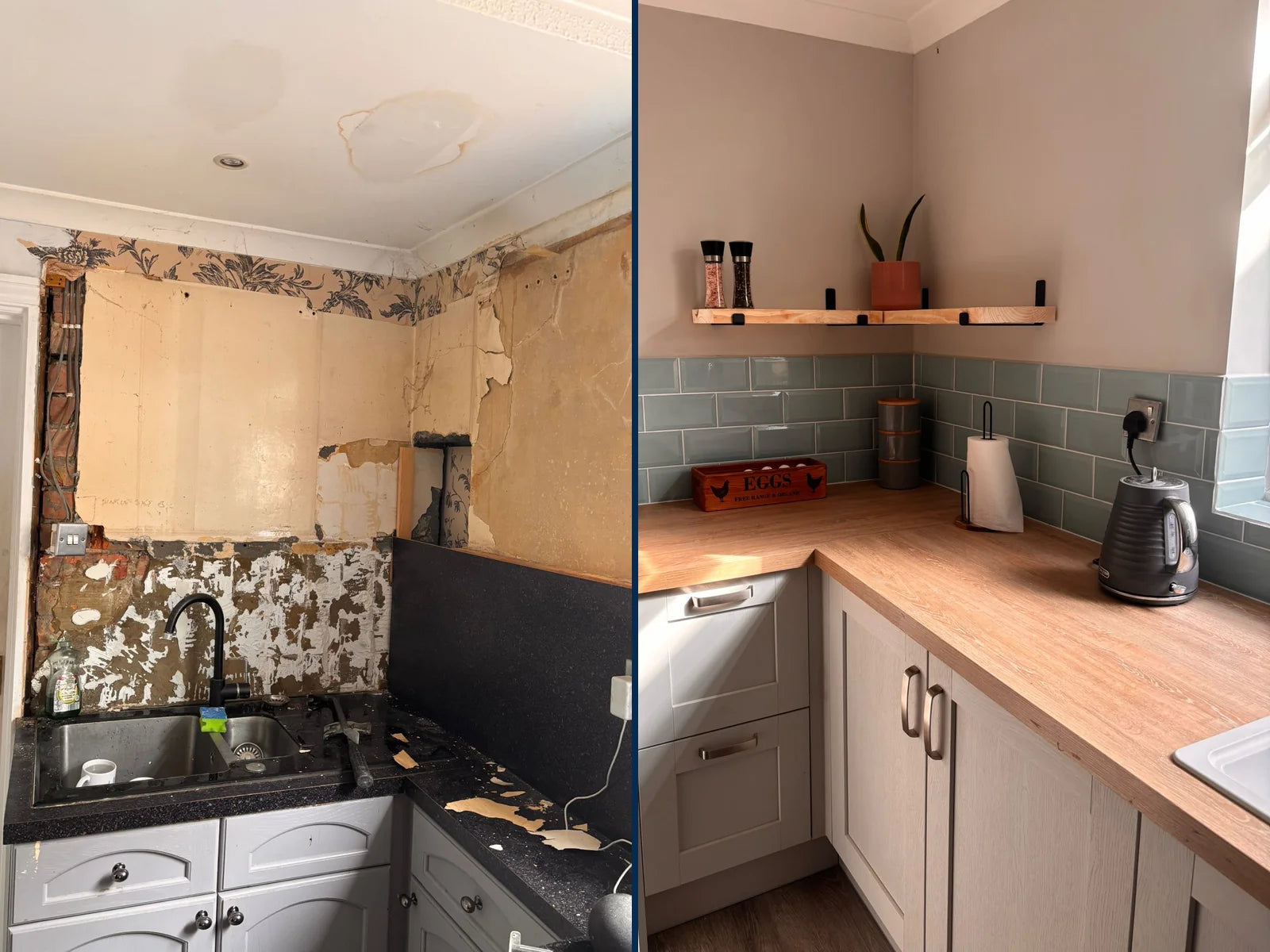 Kitchen before and after refurbishment shown side by side